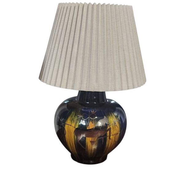 Vintage Mid Century Modern Table Lamp Gazelle Ram Drip Glaze Pottery Pleat Shade - Picture 5 of 14